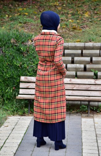 Plaid Patterned Coat 1261-02 Mustard Red 1261-02