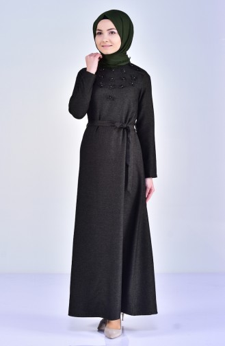 فستان بتصميم حزام للخصر مُزين بالورد5005-01 لون اخضر داكن 5005-01