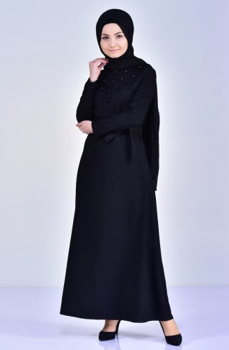 Kleid mit Blumenmuster und Gürtel 5005-02 Schwarz 5005-02