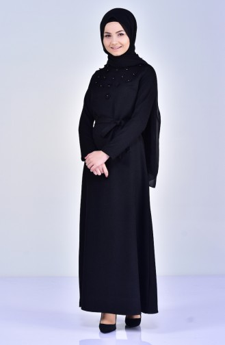 Kleid mit Blumenmuster und Gürtel 5005-02 Schwarz 5005-02