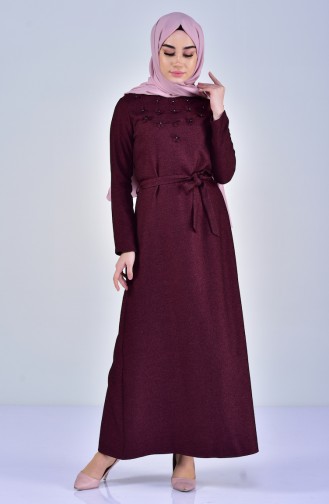 Floral Appliqued Belted Dress 5005-03 Plum 5005-03