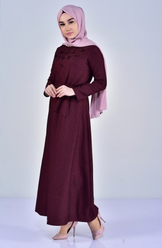 Floral Appliqued Belted Dress 5005-03 Plum 5005-03