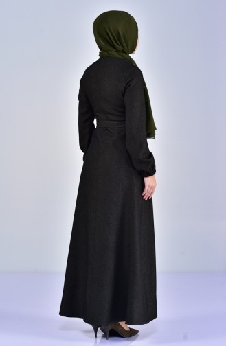 Dantelli Kuşaklı Elbise 5007-01 Koyu Yeşil