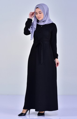 Dantelli Kuşaklı Elbise 5007-02 Siyah