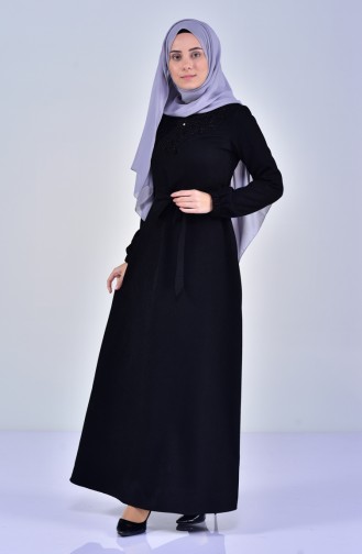 Dantelli Kuşaklı Elbise 5007-02 Siyah