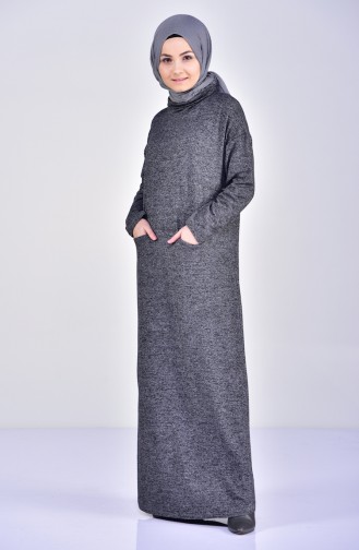 فستان تريكو بتفاصيل جيوب 9075 A-01 لون أسود مائل للرمادي 9075A-01