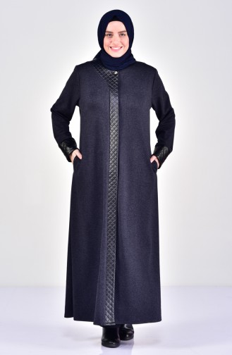 Large Size Leather Detailed Winter Abaya 0359-02 Navy Blue 0359-02