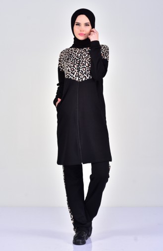 Sefamerve Leopard Patterned Tracksuit Suit 1402-01 Black 1402-01