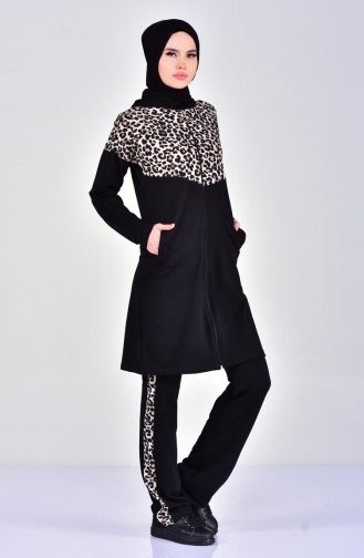 Sefamerve Leopard Patterned Tracksuit Suit 1402-01 Black 1402-01