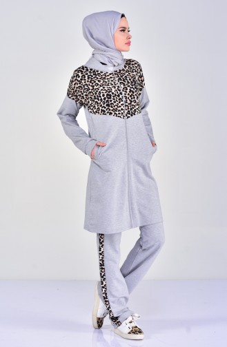 Sefamerve Leopard Patterned Tracksuit Suit 1402-03 Gray 1402-03