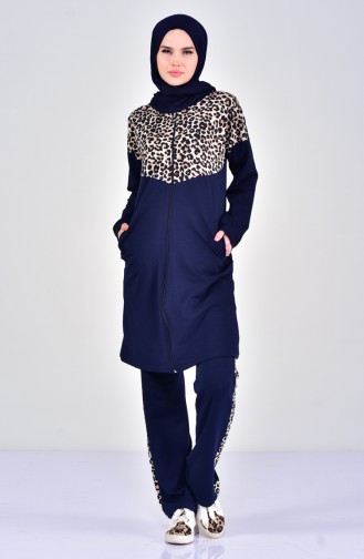 Sefamerve Leopard Patterned Tracksuit Suit 1402-04 Navy 1402-04