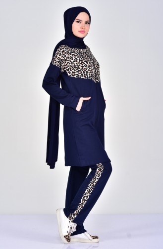 Sefamerve Leopard Patterned Tracksuit Suit 1402-04 Navy 1402-04