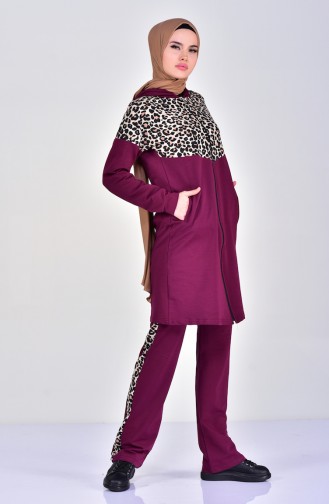 Sefamerve Leopard Patterned Tracksuit Suit 1402-06 Purple 1402-06