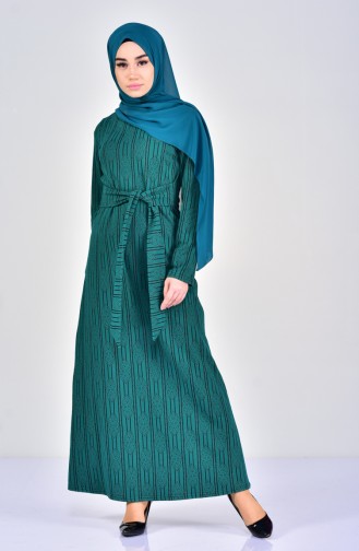Otantik Desen Elbise 7102-03 Zümrüt Yeşil Siyah