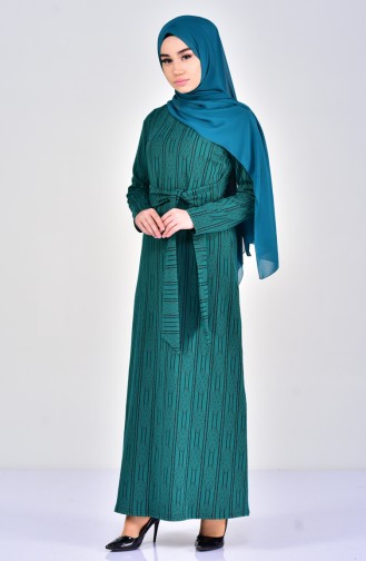 Otantik Desen Elbise 7102-03 Zümrüt Yeşil Siyah