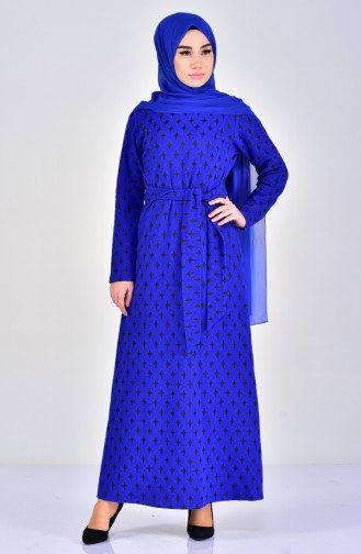 دلبر فستان بتصميم مُطبع 7103-02 لون ازرق واسود 7103-02