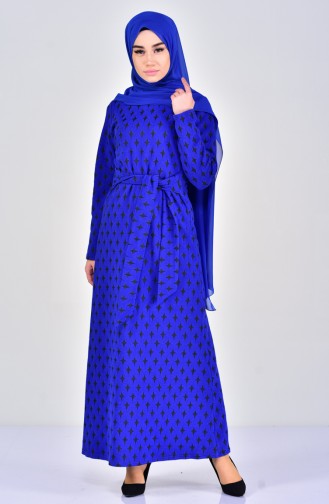 دلبر فستان بتصميم مُطبع 7103-02 لون ازرق واسود 7103-02