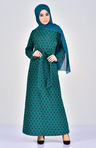Otantik Desen Elbise 7103-03 Zümrüt Yeşil Siyah