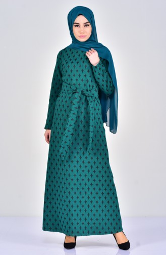 Otantik Desen Elbise 7103-03 Zümrüt Yeşil Siyah