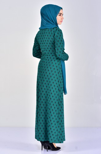 Otantik Desen Elbise 7103-03 Zümrüt Yeşil Siyah 7103-03