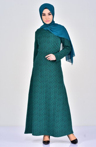 Desenli Kuşaklı Elbise 7107-01 Zümrüt Yeşil Siyah