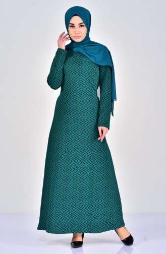 Desenli Kuşaklı Elbise 7107-01 Zümrüt Yeşil Siyah 7107-01