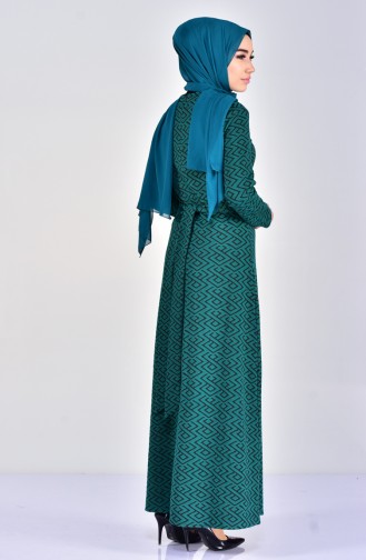 Desenli Kuşaklı Elbise 7107-01 Zümrüt Yeşil Siyah
