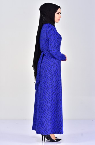 دلبر فستان بتصميم مُطبع وحزام للخصر 7107-02 لون ازرق واسود 7107-02
