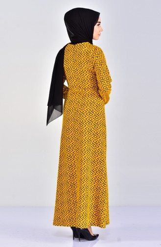 Dilber Patterned Belted Dress 7107-03 Mustard Black 7107-03