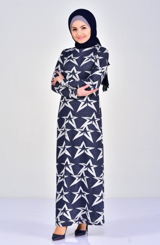 دلبر فستان بتصميم مُطبع وحزام للخصر 7109-01 لون كحلي 7109-01
