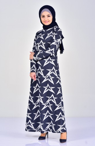 دلبر فستان بتصميم مُطبع وحزام للخصر 7109-01 لون كحلي 7109-01