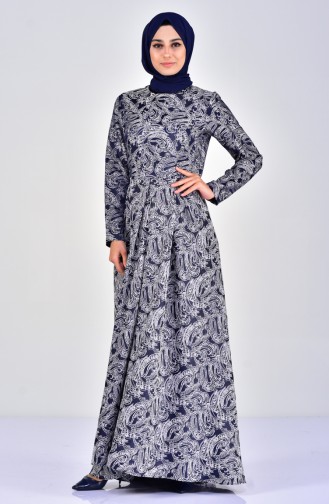 Patterned Pleated Dress 1033-04 Navy 1033-04