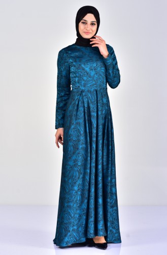 فستان مُطبع بتصميم طيات 1033-06 لون ازرق بترولي 1033-06