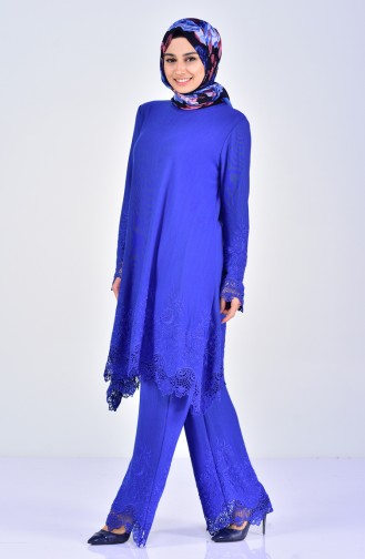 Güpürlü Tunik Pantolon İkili Takım 7205-01 Saks 7205-01