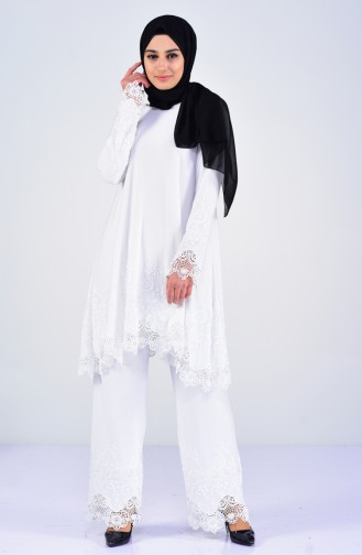 Güpürlü Tunik Pantolon İkili Takım 7205-05 Beyaz 7205-05