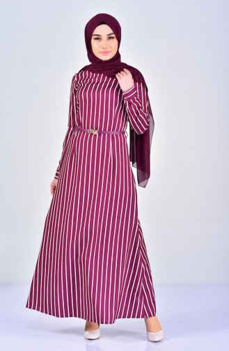 Striped Belt Dress  5002-01 Damson 5002-01