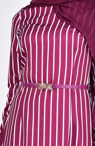 فستان مُخطط بتصميم حزام للخصر 5002-01 لون ارجواني داكن 5002-01