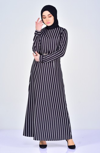 Çizgili Kemerli Elbise 5002-03 Siyah 5002-03