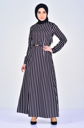 Çizgili Kemerli Elbise 5002-03 Siyah