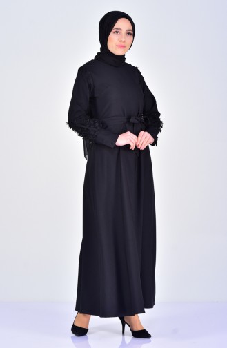 فستان بتصميم حزام للخصر مُزين بالدانتيل 5012-01 لون اسود 5012-01