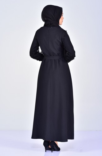 Dantelli Kuşaklı Elbise 5012-01 Siyah