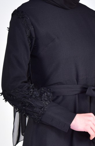 Dantelli Kuşaklı Elbise 5012-01 Siyah