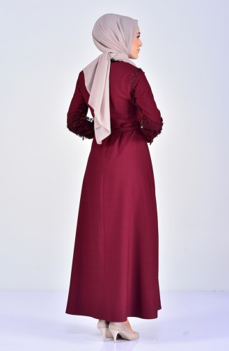 Dantelli Kuşaklı Elbise 5012-03 Mürdüm