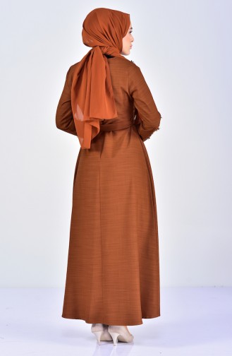 فستان بتصميم حزام خصرمُزين بالدانتيل  5013-02 لون عسلي 5013-02