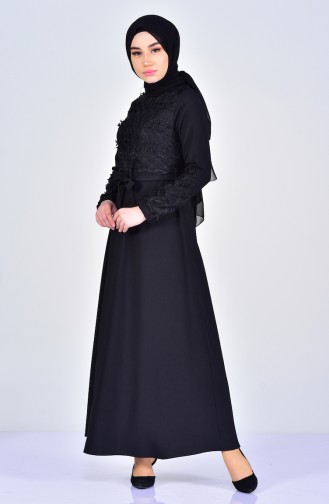 Dantelli Kuşaklı Elbise 5013-03 Siyah