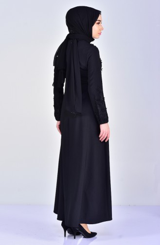 Dantelli Kuşaklı Elbise 5013-03 Siyah