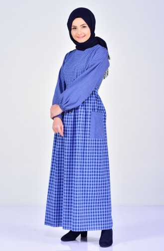 Waist Platted Plaid Dress 2028-02 Blue 2028-02