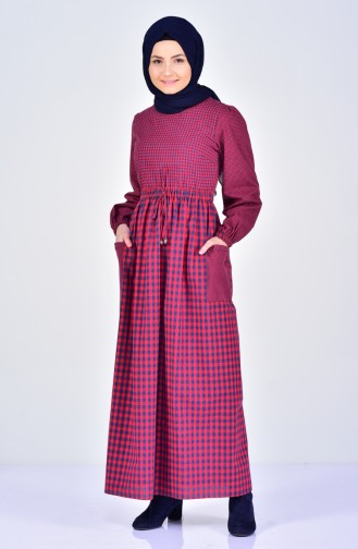 Waist Platted Plaid Dress 2028-03 Red 2028-03
