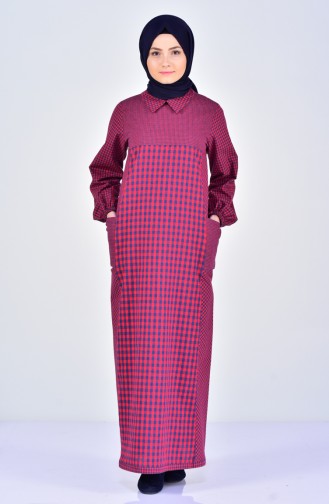 فستان مُربعات بتصميم ياقة قميص 2029-01 لون خمري 2029-01