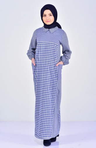 فستان مُربعات بتصميم ياقة قميص 2029-02 لون كحلي 2029-02